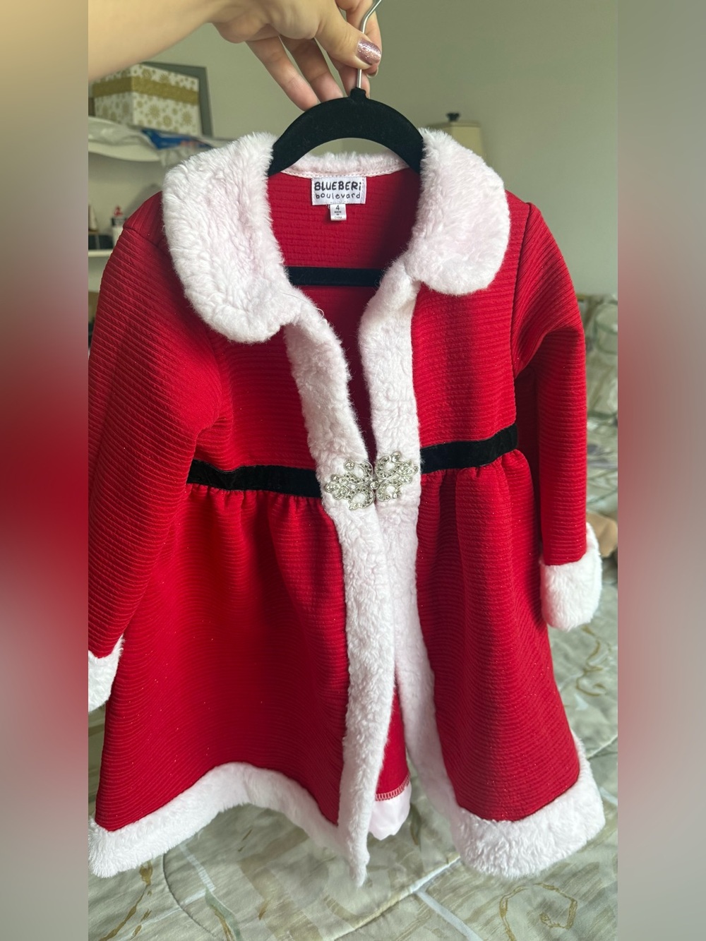 Blueberi Boulevard Red Coat with White Faux-Fur Trim and Jeweled Clasp